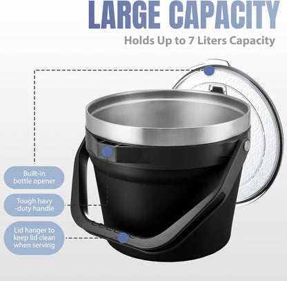 COKTIK 7L Vacuum Insulated Ice Bucket with Lid and Scoop& Tongs，Large capacity Stainless Steel Beverage Bucket for Cocktail, Champagne, Wine, Beer，Large Parties（Milk White Suit）