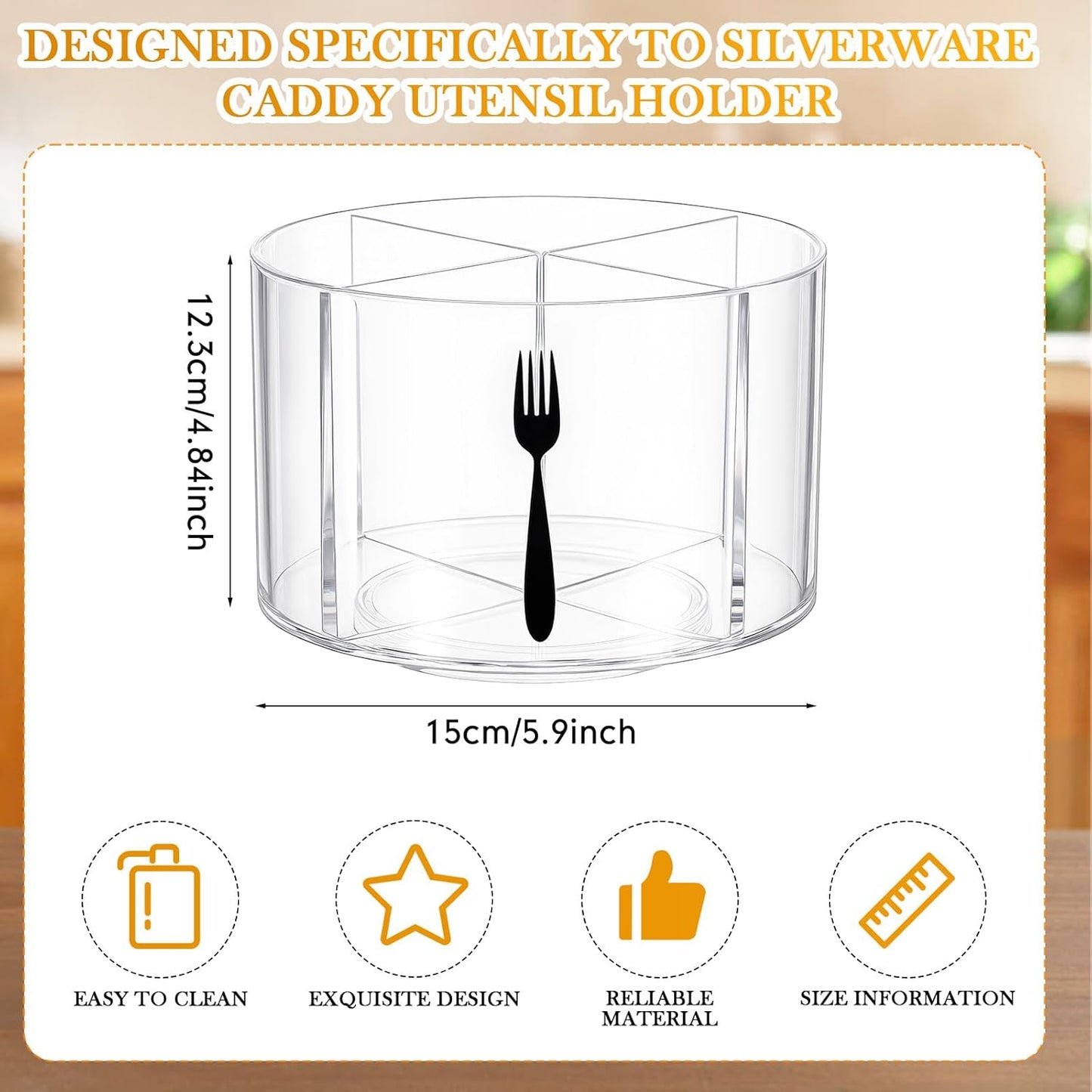 360° Rotating Acrylic Utensil Caddy, 4 Compartment Plastic Silverware Cutlery Holder Countertop Flatware Storage Organizer for Kitchen Office Desk Picnic Camping Party