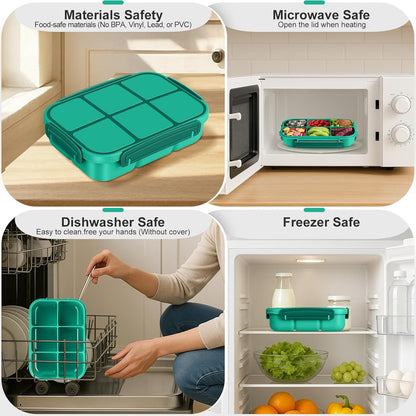 Amathley Lunch Box Kids Girls Boys,Bento Box Adult,Toddler Lunch Containers for School,Leakproof Snack Containers with 6 Compartments,Sauce Container,10 Food Picks and 4 Muffin Cups (Green)