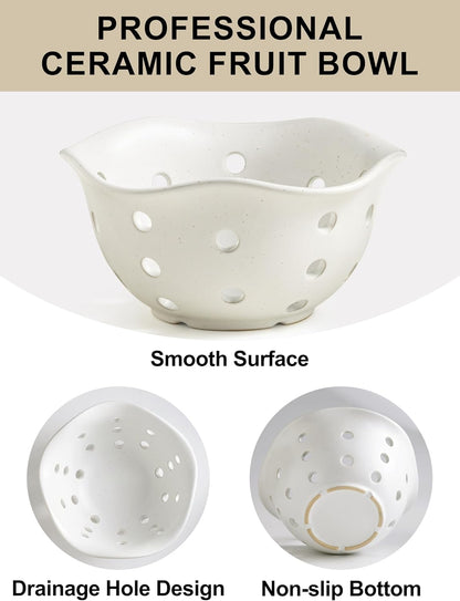 Gomakren Berry Bowls with Holes Ceramic, Berry Washing Bowl Basket Set of 2, 5.8 Inch Round Fruit Bowl Storage Containers, Strawberry Baskets, Farmhouse Kitchen Decor, Yellow + Brown