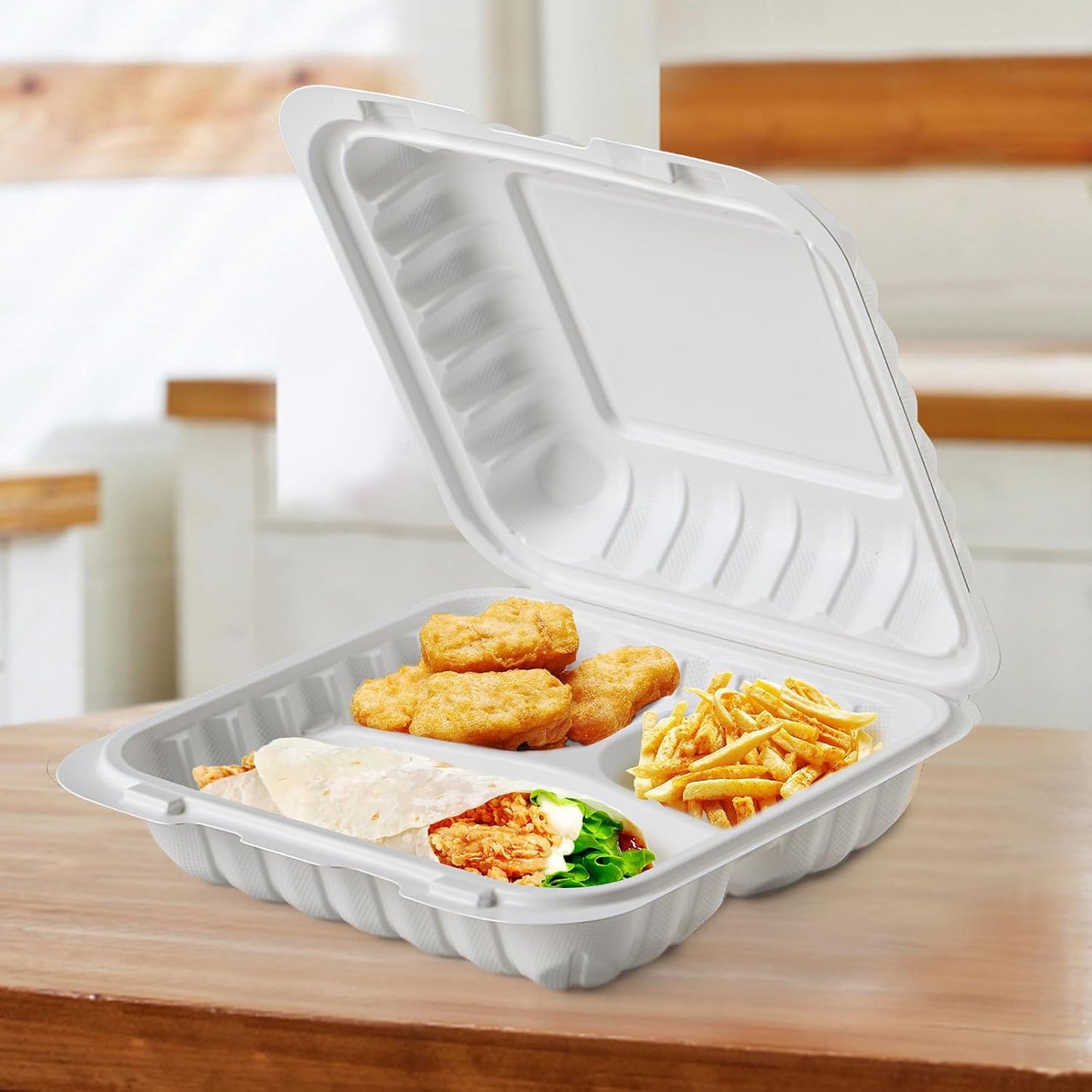 Food Containers 7.8" 30 oz 65 Pack - BPA Free Mineral Filled PP Plastic | 3 Compartment Shrink Wrap Clamshell Stackable | Reusable Freezer & Microwave Safe | White Commercial Takeout Boxes