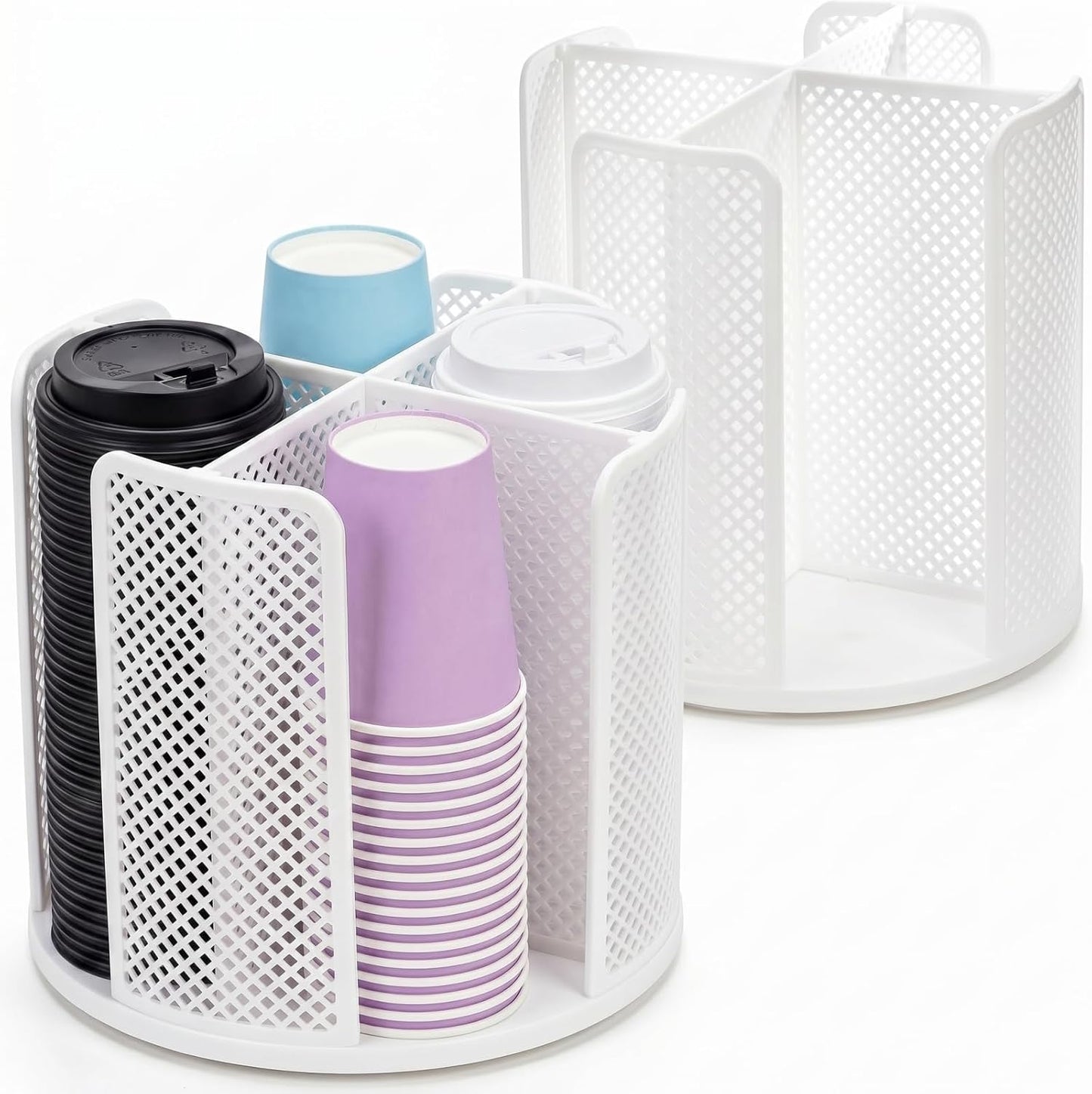 Eorbow 2 Pack Paper Cup & Lid Holder, Rotating Coffee Cups Dispenser with 4 Compartments, Plastic Disposable Cup Storage Organizer for Countertop Bathroom Coffee Station Bar Kitchen Office (White)