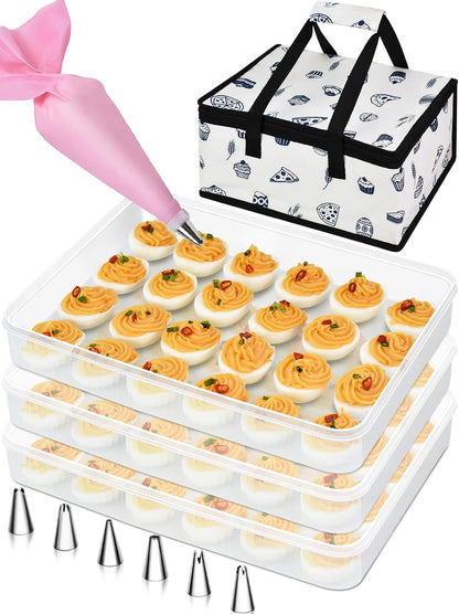 Artcome 2 PC Deviled Egg Storage Containers with Lids, Travel Carrying Bag & Pastry Decorating Kit - Stackable Egg Holder, Portable Platter for Parties, Easter, Picnics and Travel - PP Material