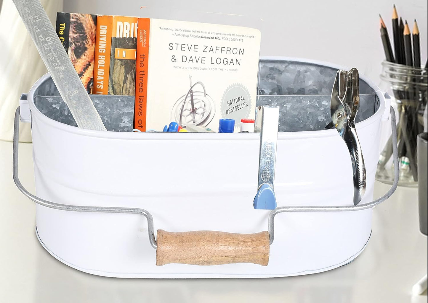 Light & Pro Multipurpose Galvanized Rustic Farmhouse Caddy - Metal 4 Compartment Storage Bin Caddy With Wooden Handle Perfect For Kitchen Utensils, Picnic, Garden Planter - Hammered - Antique Grey