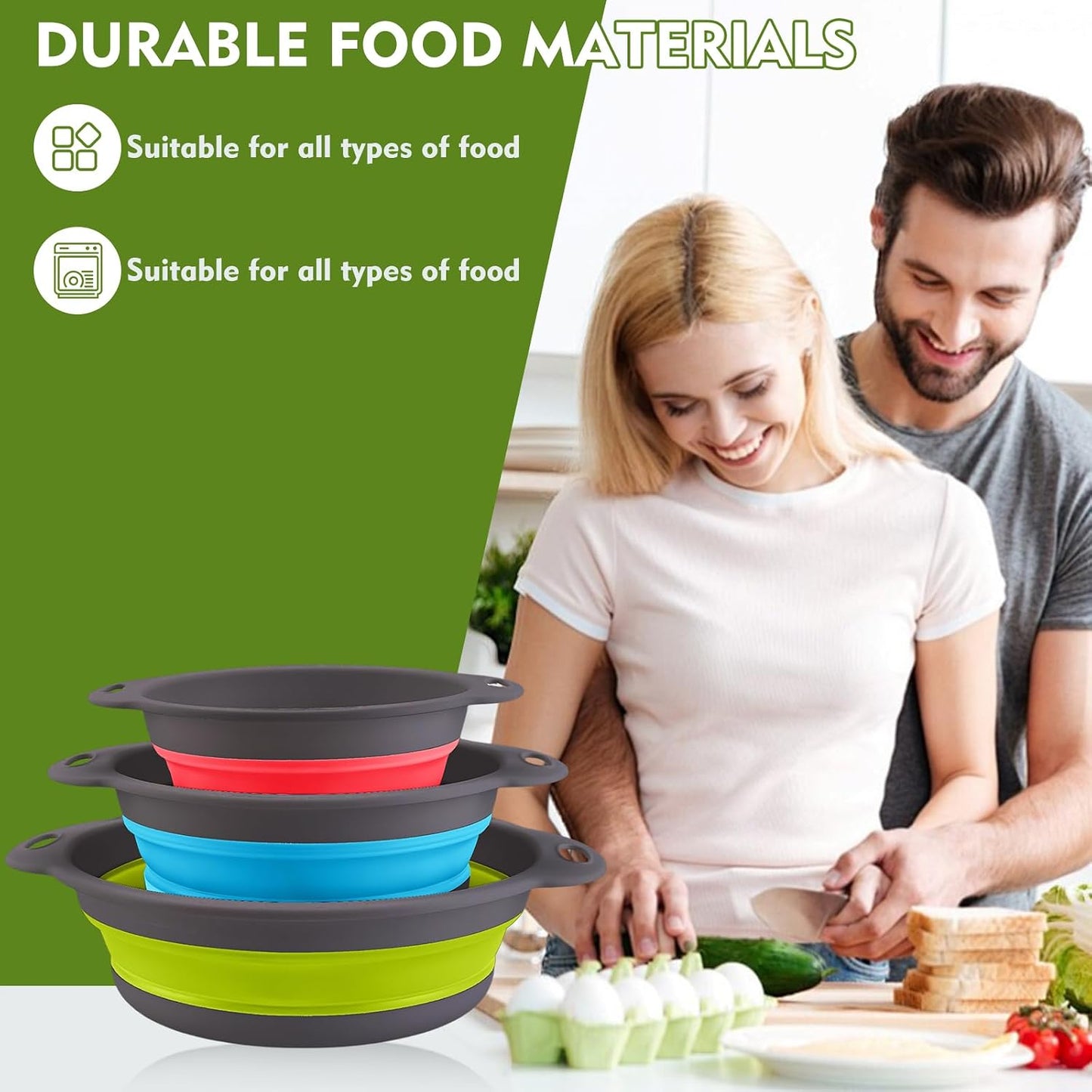 Collapsible Colander Set, 3 Pack Silicone Strainers for Kitchen-BPA Free Space Saving Design Dishwasher Safe Over Home Draining, Pasta Food Vegetables and Fruits