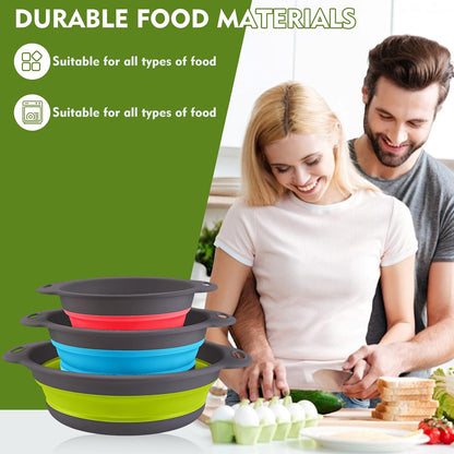 Collapsible Colander Set, 3 Pack Silicone Strainers for Kitchen-BPA Free Space Saving Design Dishwasher Safe Over Home Draining, Pasta Food Vegetables and Fruits