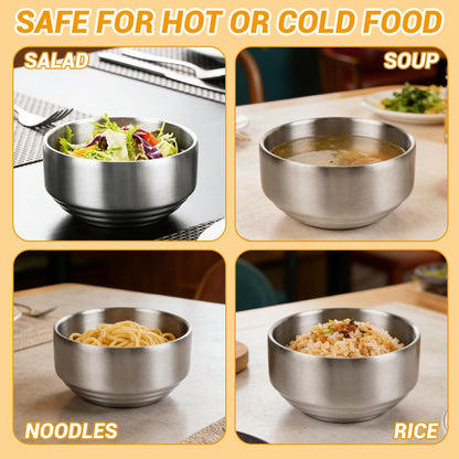6 Pack 12 oz Stainless Steel Bowl with Lid Korean Soup Rice Bowl for Cereal Kitchen Restaurant Double-walled Anti Scalding Metal Bowls for Soup Salad Noodles Insulated