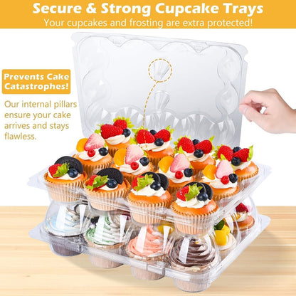 Plastic Cupcake Containers 12 Count (12 Sets), Stackable Cupcake Boxes Holders with Tall Dome Lid, Disposable Cupcake Carrier Trays Include 150 Cupcake Liners