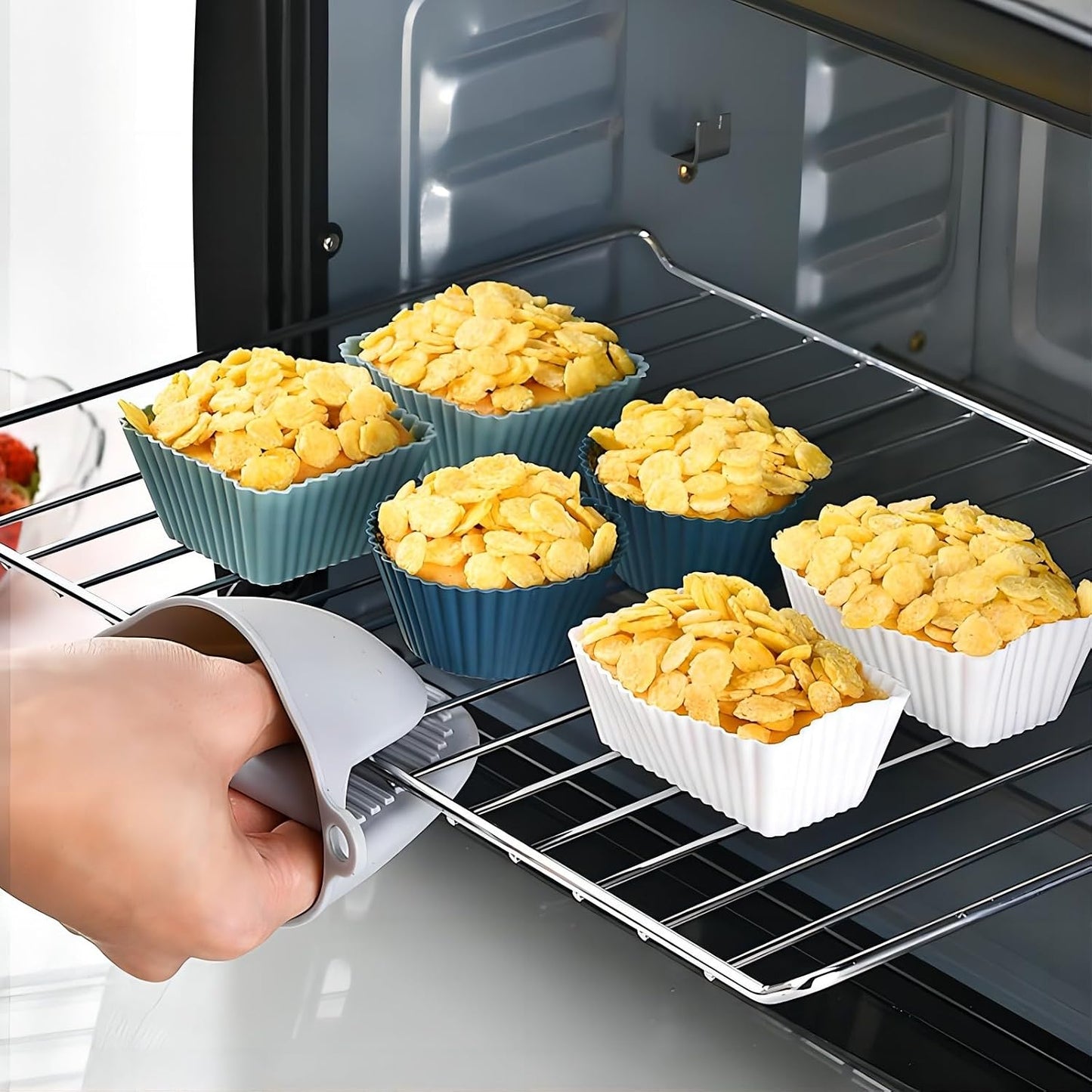 12 Pack Reusable Silicone Cupcake Baking Cups, 3 Shapes of Standard Round & Square & Rectangle,Muffin Liners,Non-Toxic, BPA Free, Dishwasher Safe
