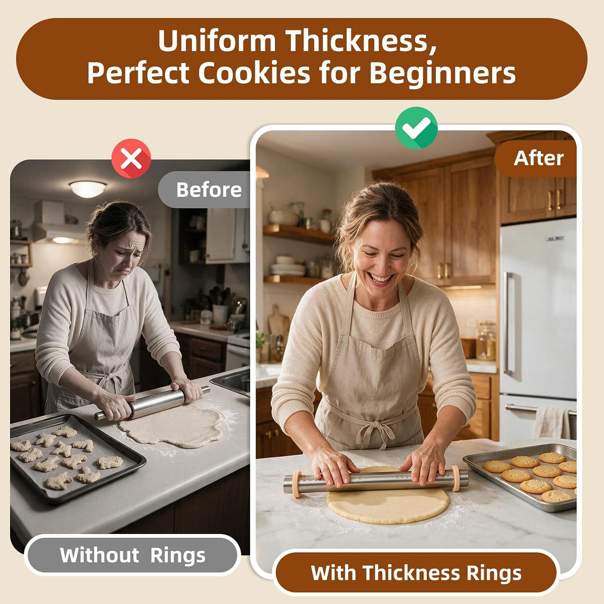 Adjustable Rolling Pin with Thickness Rings for Baking -Roller for Cake Pop