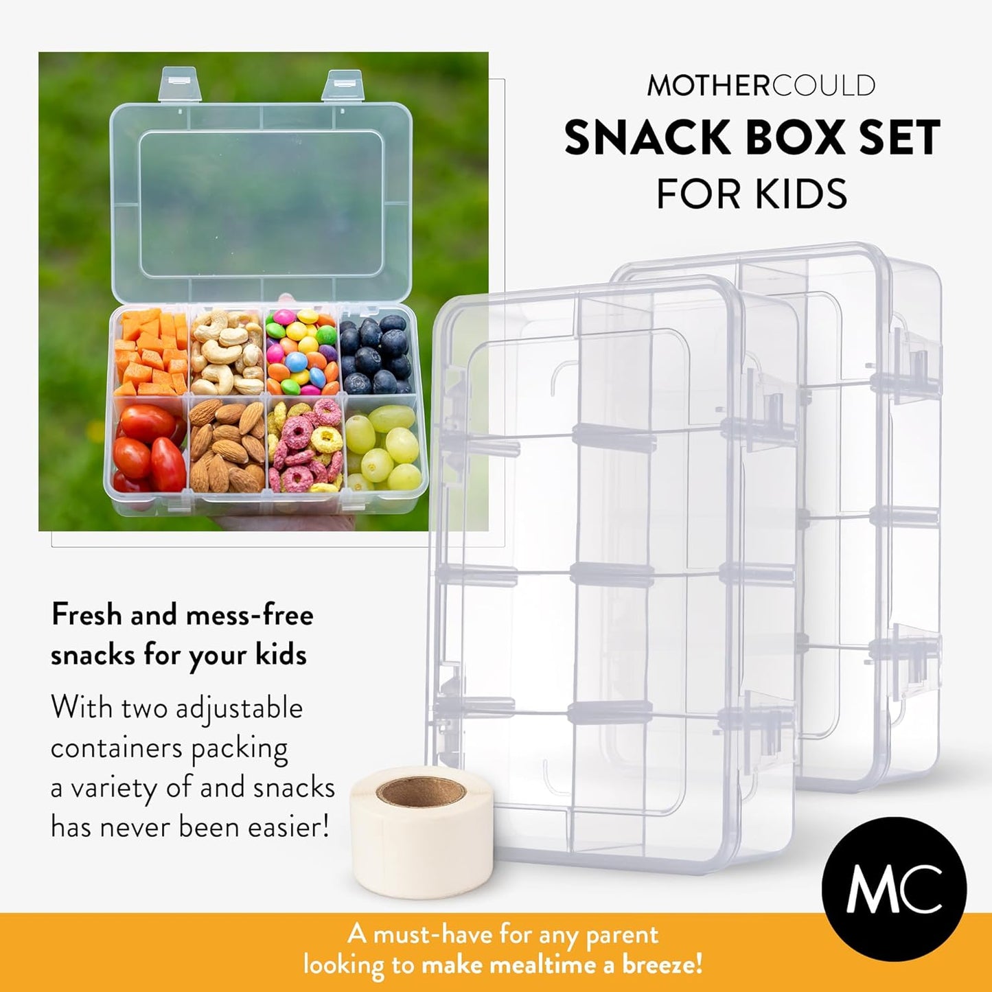 Large Kids Snack Box Containers Set of 2 -100 Labels, BPA-Free, Adjustable Compartments, Dishwasher Safe, Reusable Tray, Food Grade, Meal Prep Container, PARENT TESTED PARENT APPROVED AWARD (Clear)