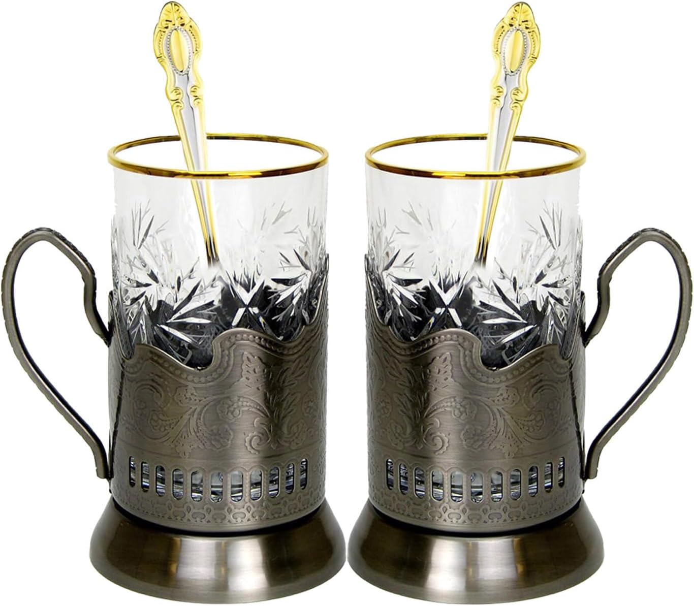 9-pc Russian Tea Set, 24 Karat Gold Banded Tempered Crystal Glasses with Metal Glass Holders with Handles and Matching Teaspoons Vintage Design (3 glass/spoon/holder)