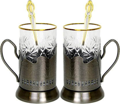 9-pc Russian Tea Set, 24 Karat Gold Banded Tempered Crystal Glasses with Metal Glass Holders with Handles and Matching Teaspoons Vintage Design (3 glass/spoon/holder)