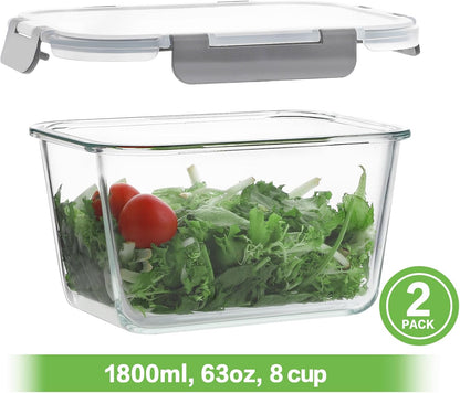 HOMBERKING 4 Pieces 63oz/8cup Large Glass Food Storage Containers with Lids, Meal Prep Containers, Airtight Bento Boxes with Leak Proof Locking (2 Containers + 2 Lids) - Microwave, Oven Safe