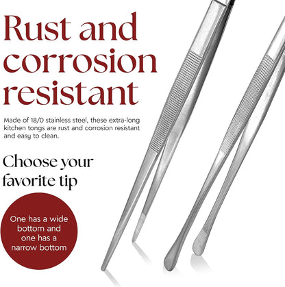 Namre' Tweezer Tongs for Cooking -Plating Tweezers - 2 Pack Stainless Steel Cooking Tongs - Thin Chopstick Tongs (Silver)