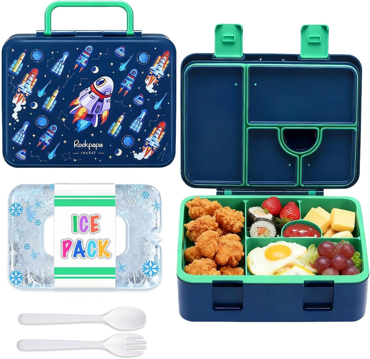 rockpapa Chill Bento Box for Kids- Large 5.5 Cups Lunch Box with Ice Pack - 5 Compartments, BPA-Free, Leak Proof, with Utensils & Portable Handle, Microwave/Dishwasher Safe (Purple Butterfly)