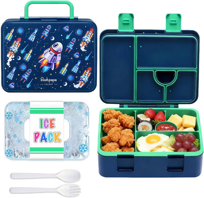 rockpapa Chill Bento Box for Kids- Large 5.5 Cups Lunch Box with Ice Pack - 5 Compartments, BPA-Free, Leak Proof, with Utensils & Portable Handle, Microwave/Dishwasher Safe (Purple Butterfly)