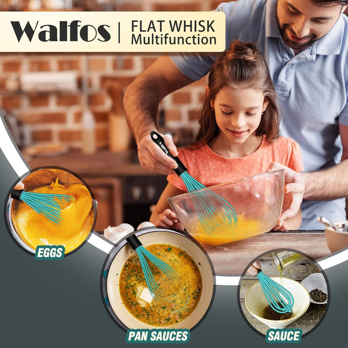 Walfos Silicone whisk,Whisks for Cooking Non Scratch, BPA Free whisk set of 4, 7+9+11in Balloon Whisks & 11in Flat Whisk, Heat Resistant(480°F).Great for Cooking in Pans, Baking, Whisking.Blue