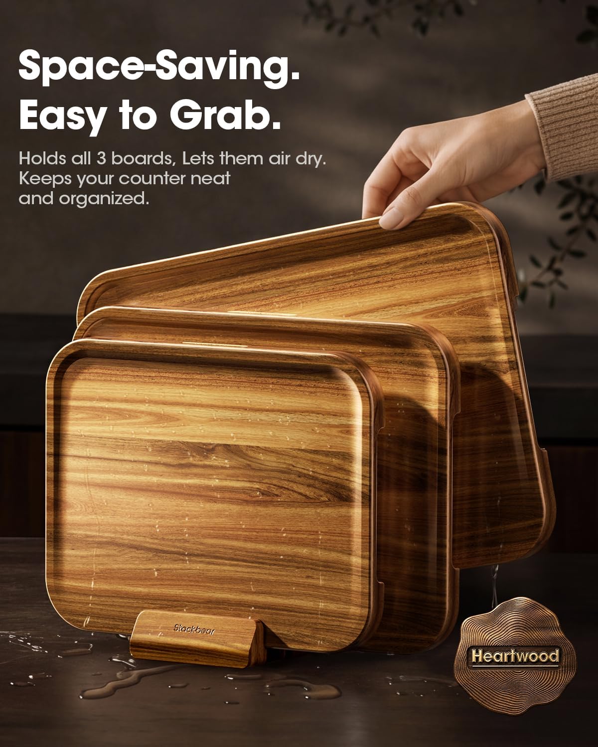 Starkbear Acacia Wood Cutting Board Set of 3 with Stand, Core-Cut Non Slip Wooden Chopping Block, Sloped Juice Groove Reversible Charcuterie Serving Tray for Modern Kitchen Gift