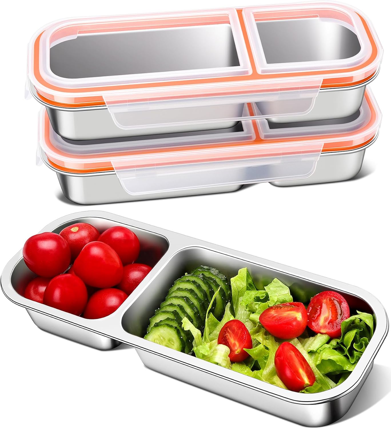 KTKUDY Stainless Steel Snack Container for Kids & Adults - Large - Leak-Proof 3-Compartment Stackable Snack Lunch Box for Daycare, School, Work & Travel