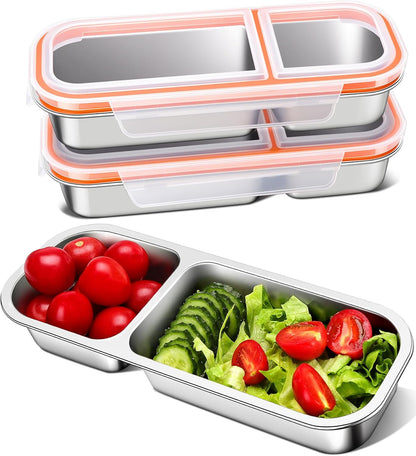 KTKUDY Stainless Steel Snack Container for Kids & Adults - Large - Leak-Proof 3-Compartment Stackable Snack Lunch Box for Daycare, School, Work & Travel