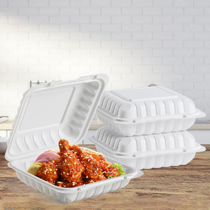 Food Containers 7.8" 30 oz 65 Pack - BPA Free Mineral Filled PP Plastic | 3 Compartment Shrink Wrap Clamshell Stackable | Reusable Freezer & Microwave Safe | White Commercial Takeout Boxes
