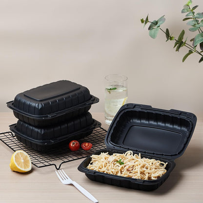 8X8 3-Compartment 50-Pack Plastic Clamshell Takeout Food Trays Heavy Duty Togo Disposable Box Carryout Meal Prep Packaging Catering Hinged Containers With Secure Snap Lid (Formerly FULING)