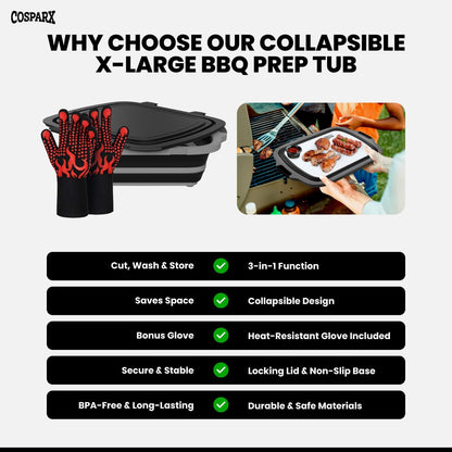 XL Collapsible BBQ Prep Tub with Cutting Board & Drain Plug – Portable Food Prep Station for Kitchen, Camping & Grill – Dishwasher Safe, Space-Saving Design – Heat-Resistant Glove Included (Black)