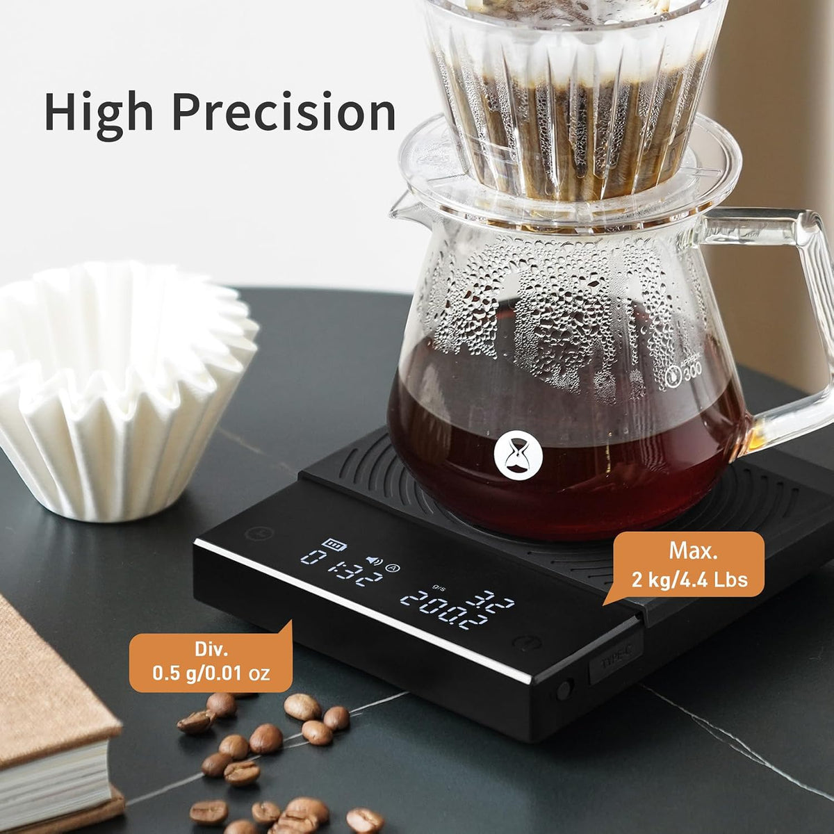 TIMEMORE Coffee Scale Basic 2.0 Electronic Espresso Scale with Water Flow Rate and Timer Function, Digital Scale for Kitchen/Baking/Cooking, Black