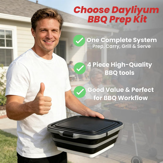 16L Collapsible BBQ Prep Tub Set with Lid, Tray, Tongs & Brush | Prep, Marinate, Carry, Grill & Serve Food in One Organized BBQ System