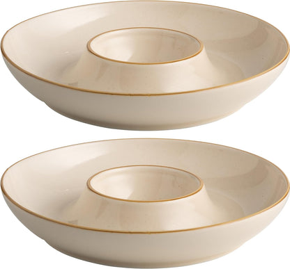 LEHAHA 12.25 inch porcelain Chip and Dip Serving Set, Ceramic Platters for Cheese, Appetizers &Chips Salsa, Fruit and Veggies, Divided Serving Trays for Family Gathering and Parties, Dark Creamy