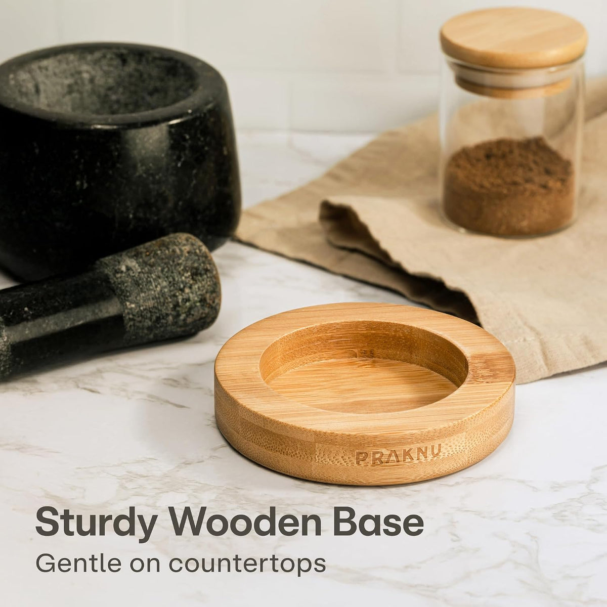 Praknu Mortar and Pestle Set Small - Heavy-Duty 1 Cup Stone Grinder for Spices & Herbs - Durable Granite Molcajete - Guacamole Bowl with Non-Slip Wooden Base - Effortless Grinding & Easy to Clean