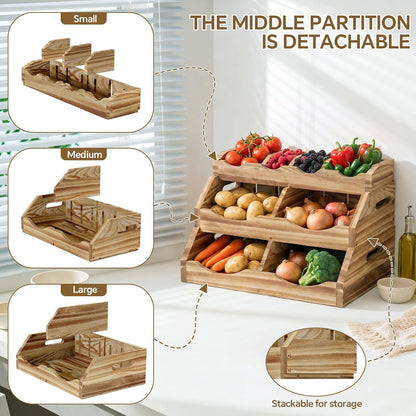 3-Tier Solid Wood Potato and Onion Storage Bin for Kitchen Counter, Stackable Fruit Vegetable Basket with 4-Compartment Top Tray Removable Adjustable, Ventilated Pantry Organizers and Storage