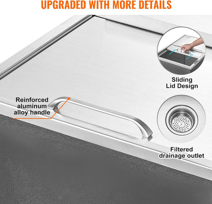 Happybuy Drop in Ice Chest 18L x 12W x 14.5H Inch Stainless Steel Ice Cooler with Sliding Cover Drop in Ice Bin Included Drain-Pipe and Drain Plug for Cold Wine Beer