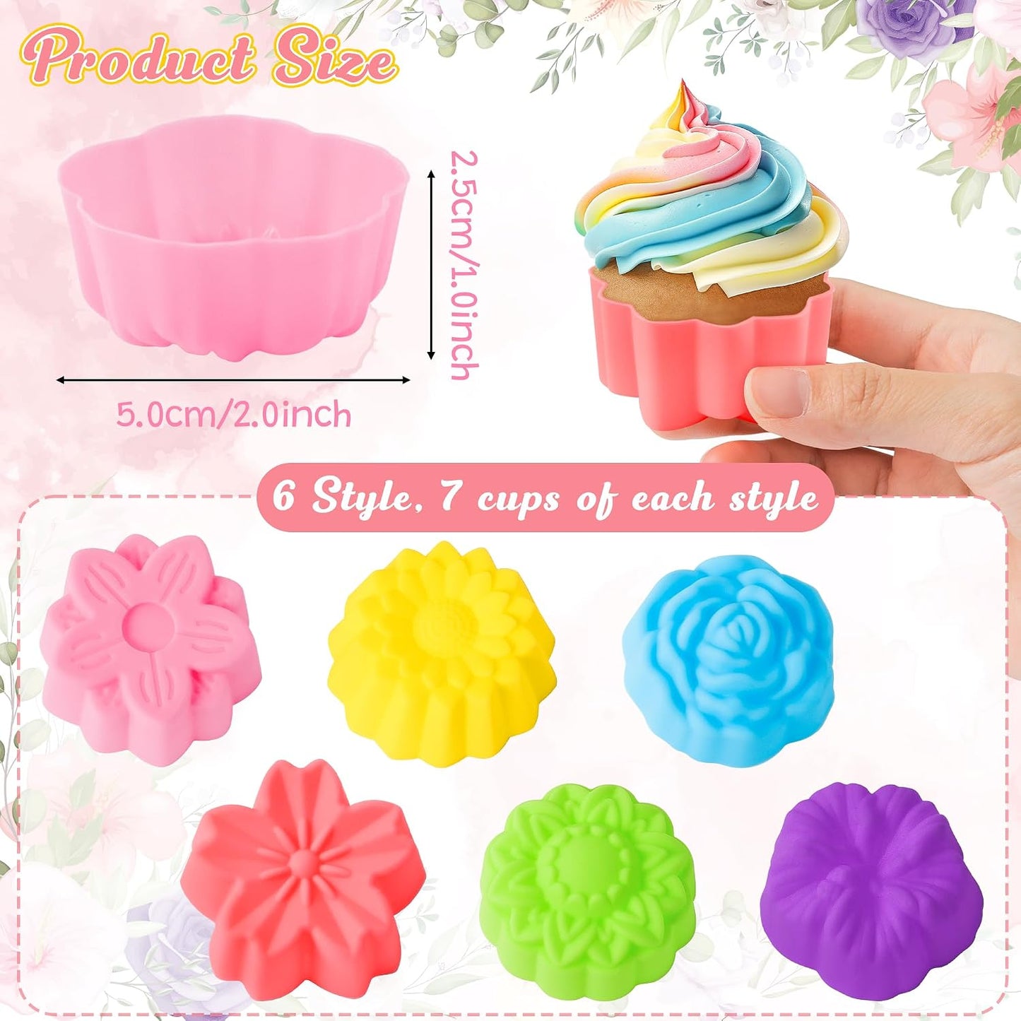R HORSE 42Pcs Silicone Molds Cupcake 2 Inch Mini Size Reusable Muffins Liners Washable Non-Stick Donut Wrapper Mold Flower Shapes Baking Cups for Pan Oven Microwave Dishwasher
