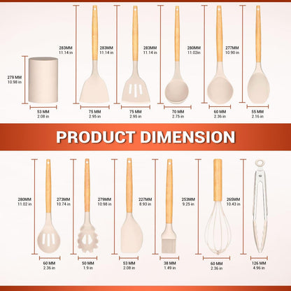 “37-Piece Silicone Kitchen khaki Utensil Set – Food-Grade Nonstick Cooking Tools with Wooden Handles, Measuring Cups & Spoons, Tongs, Spatulas, Ladle, Oven Mitt & Holder – Heat Resistant & BPA Free”
