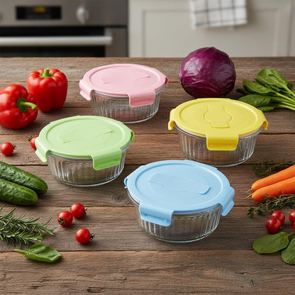 Small Round Glass Food Storage Containers with Lids, 1.5 Cup Round Food Containers set BPA-Free, 12oz Glass Lunch Bowls for Soup Leftover, Microwave, Dishwasher and Freezer Safe (4pack)
