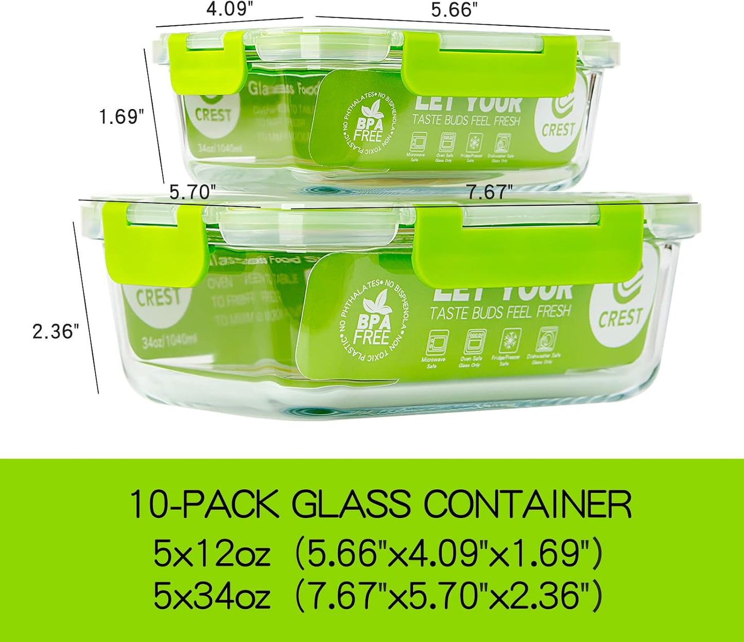 UMEIED 10 Pack Glass Food Storage Containers with Lids, Leakproof Airtight Glass Meal Prep Containers For Lunch, On The Go, Leftover, Dishwasher Safe