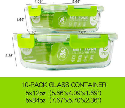 UMEIED 10 Pack Glass Food Storage Containers with Lids, Leakproof Airtight Glass Meal Prep Containers For Lunch, On The Go, Leftover, Dishwasher Safe