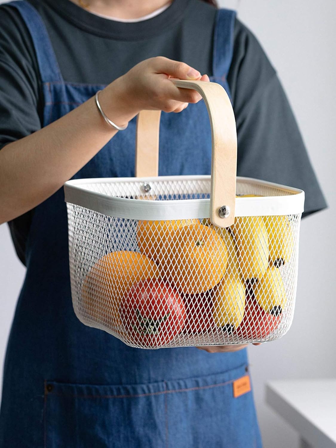 AJIODA 2 Pack Metal Mesh Steel Basket, Storage Organizer Basket Multi-function Hanging Kitchen Baskets Fruit Basket Bin with Wood Handle for Kitchen Bathroom Picnic Cabinet Home Decor, White