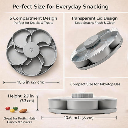 Snack Spinner with Lid, Rotating 5 Compartment Snack Tray for Fruit, Nuts, Candy and Appetizers, Divided Serving Container for Party, Family Night and Kitchen Counter (Blue)