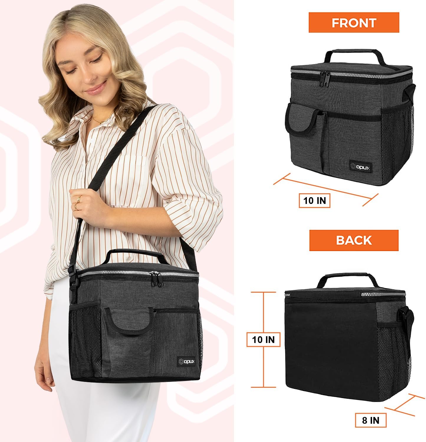 opux Insulated Lunch Bag for Men Women, Leakproof Black Lunch Box for Work, Portable Soft Lunch Cooler Bag with Shoulder Strap, Adult Lunchbox Lunch Pail for Kid Boy Girl School, 14 Can/8L