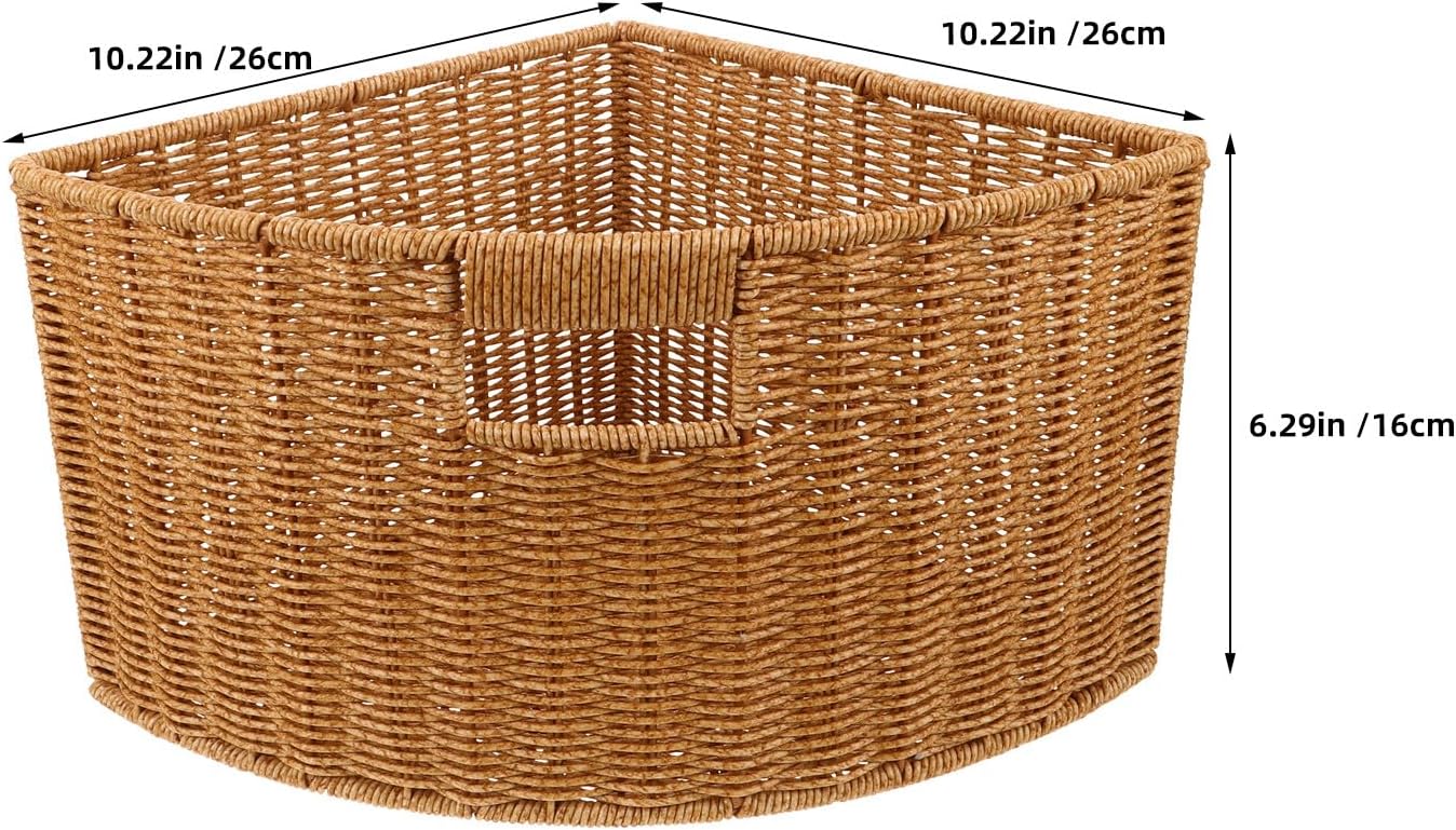 LABRIMP Weaving Triangle Corner Basket - Imitation Rattan Woven Bin 10 Inch for Wardrobe Cabinet Closet Kitchen Pantry & Bathroom - Fan Shaped Shelf Organizer for Fruits, Sundries, Makeup