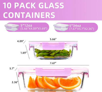 UMEIED 10 Pack Glass Food Storage Containers with Lids, Leakproof Airtight Glass Meal Prep Containers For Lunch, On The Go, Leftover, Dishwasher Safe