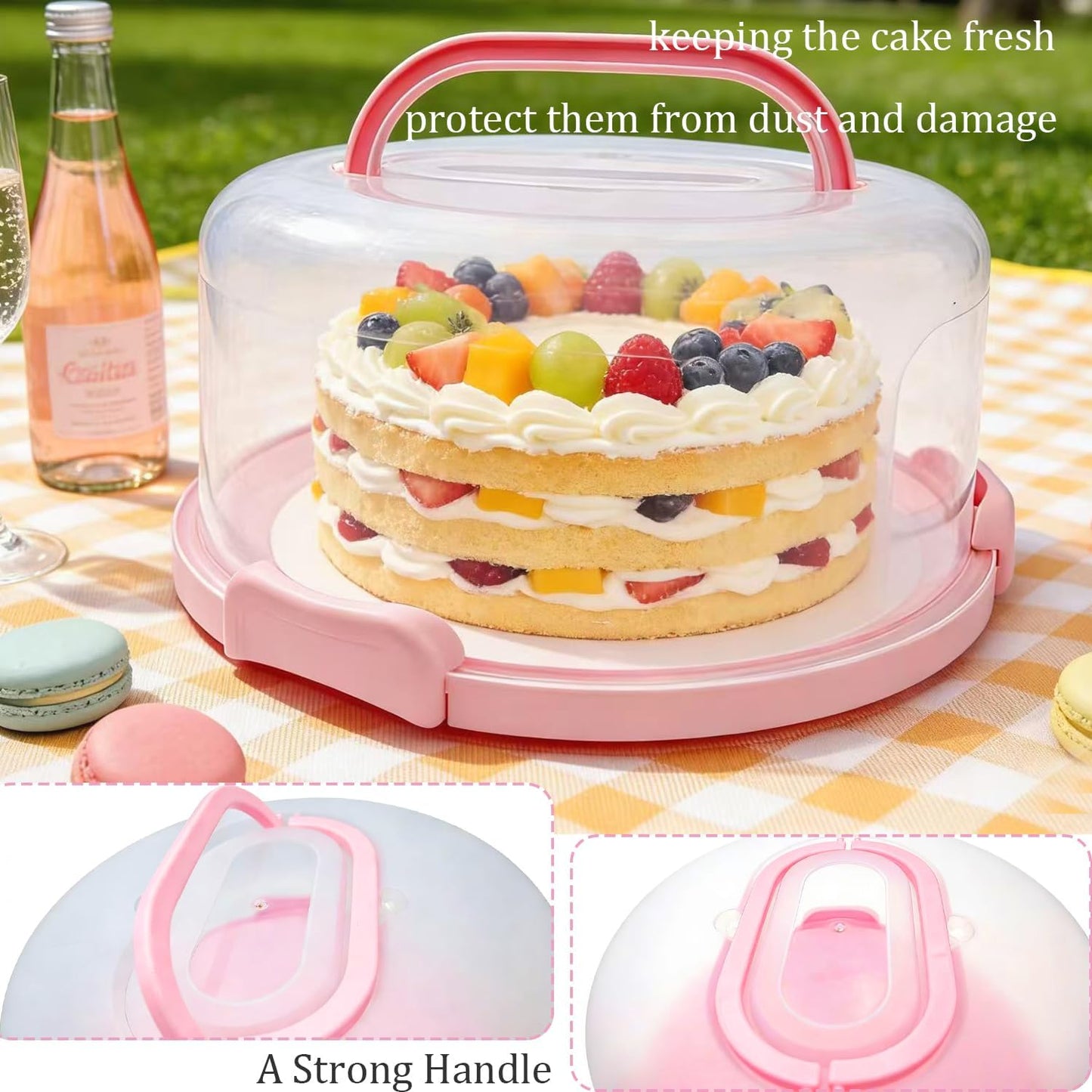 GIEHOUGRIO 10 inch Cake Carrier with Lid and Handle, 3 in 1 Multipurpose Plastic Cupcake Holder & Plastic Cover Two Sided Base for New Year, Christmas, Party, Various Holidays- Easy Transport (Pink)