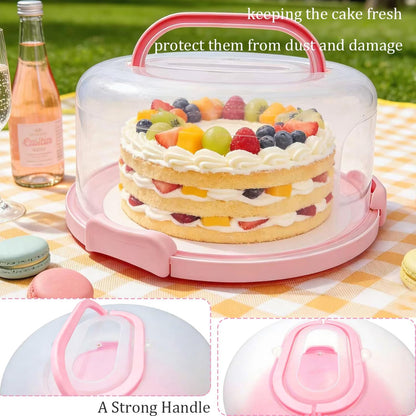 GIEHOUGRIO 10 inch Cake Carrier with Lid and Handle, 3 in 1 Multipurpose Plastic Cupcake Holder & Plastic Cover Two Sided Base for New Year, Christmas, Party, Various Holidays- Easy Transport (Pink)