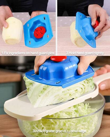 Handheld Mandoline Slicer for Kitchen - Stainless Steel V-Blades with Food Holder & Cleaning Brush, Comfort Grip, Easy to Clean, Vegetable Chopper Cheese Grater for Potato Chips Cucumber Onion Salad