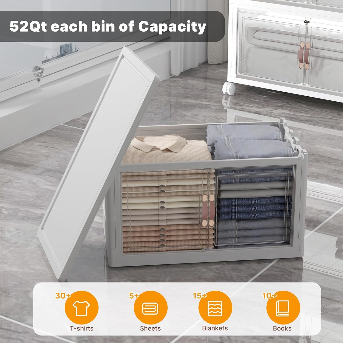 UAMFURI 720QT Stackable Storage Bins with Lids, Extra Large Storage Cabinet with Doors and Wheels, Collapsible Plastic Storage Box for Bedroom Dorm Office Garage