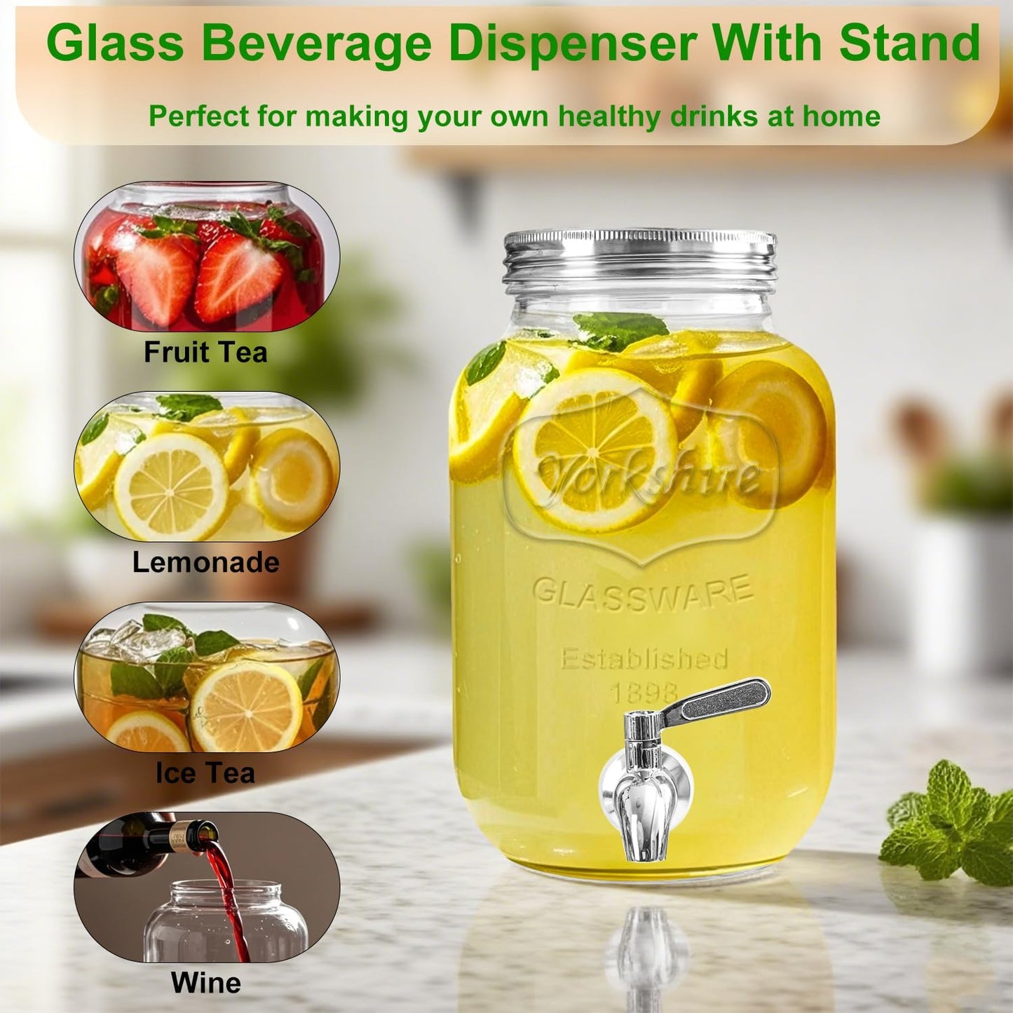 1 Gallon Glass Drink Dispensers for Parties,2 Pack Beverage Dispenser with Stand and Stainless Steel Spigot,Glass Water Lemonade Dispenser with Ice Cylinder for Party Drink,Iced Tea,Kombucha