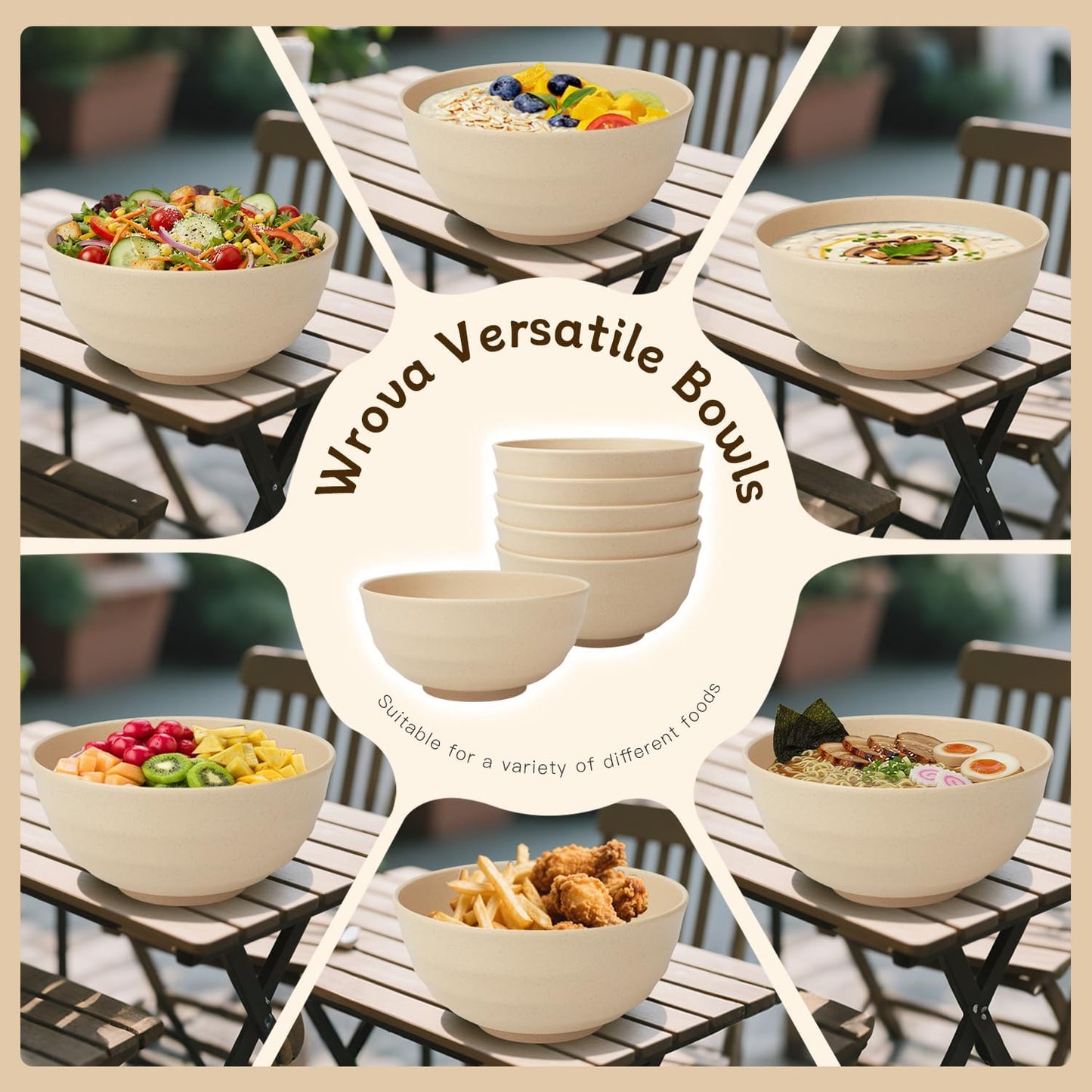 Wrova Wheat Straw Bowls for Kitchen set of 6,Anti-Scald Thick Soup Bowls 40oz,Microwave and Dishwasher Safe Bowl Sets, Unbreakable Cereal Bowl Sets. Vibrant Series